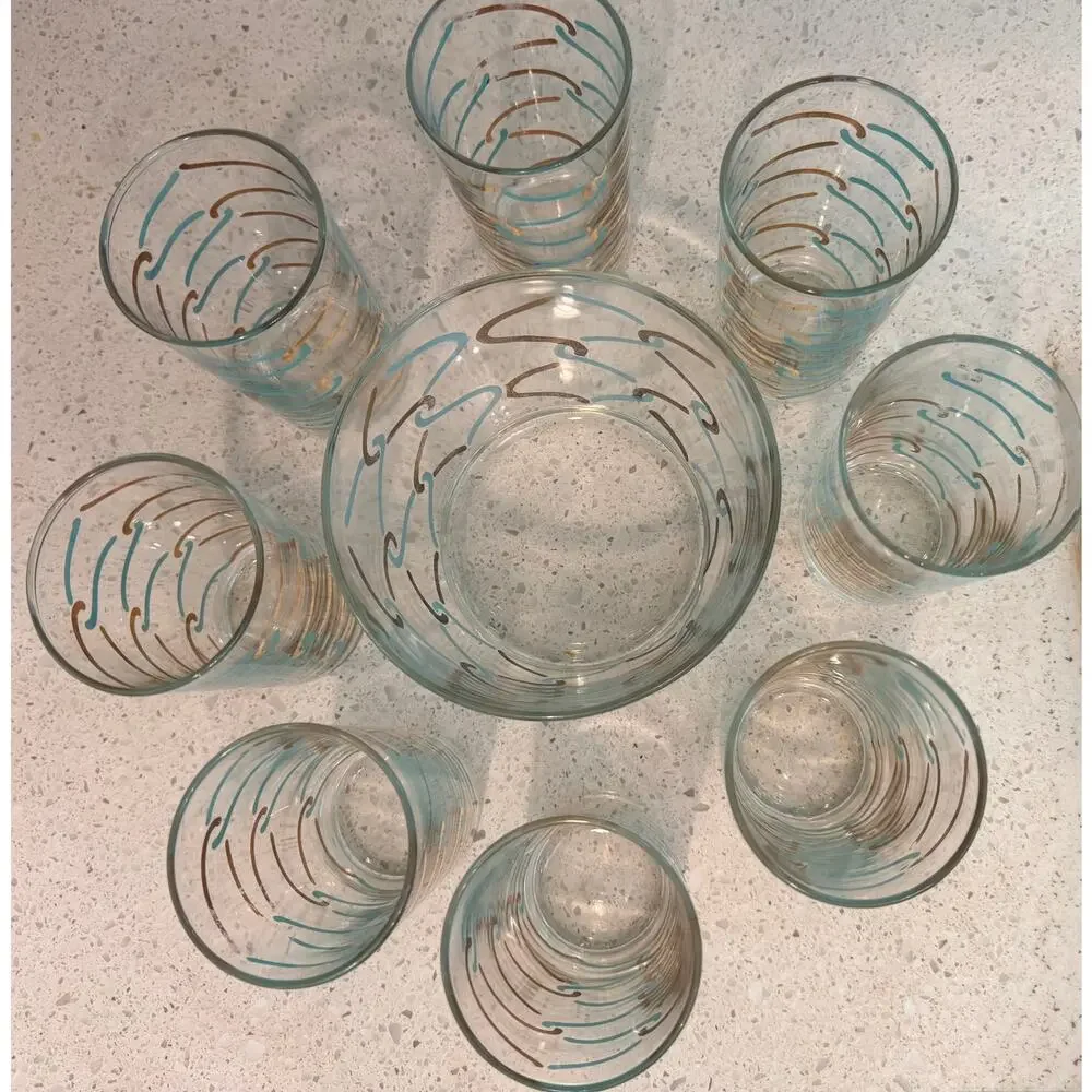 MCM Atomic Squiggle Tumbler Set 8 Ice Bucket Turquoise Gold Vintage Barware 9pc